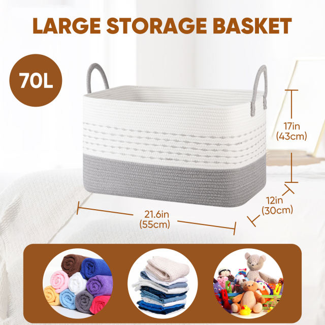 CHERISHGARD Large Woven Storage Basket, 21.65”x16.93”x11.81” Rectangle Cotton Rope Basket, 70L Capacity for Blankets, Toys, Clothes Organizing with Handles