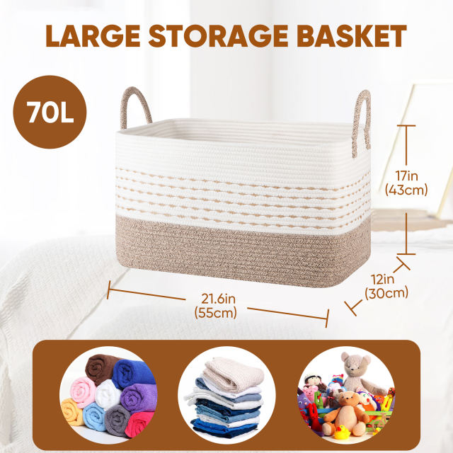 CHERISHGARD Large Woven Storage Basket, 21.65”x16.93”x11.81” Rectangle Cotton Rope Basket, 70L Capacity for Blankets, Toys, Clothes Organizing with Handles