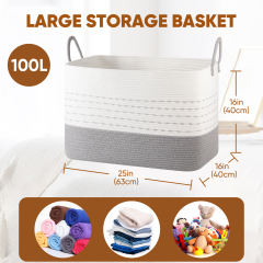 CHERISHGARD Large Woven Storage Basket, 24.80*15.75*15.75, Rectangle Cotton Rope Basket, 100L Capacity for Blankets, Toys, Clothes Organizing with Handles
