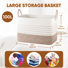 CHERISHGARD Large Woven Storage Basket, 24.80*15.75*15.75, Rectangle Cotton Rope Basket, 100L Capacity for Blankets, Toys, Clothes Organizing with Handles