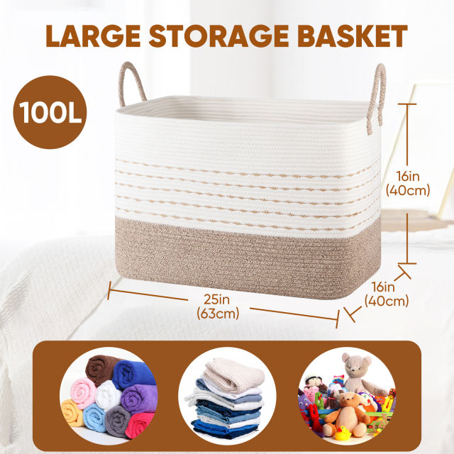 CHERISHGARD Large Woven Storage Basket, 24.80*15.75*15.75, Rectangle Cotton Rope Basket, 100L Capacity for Blankets, Toys, Clothes Organizing with Handles
