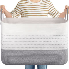 CHERISHGARD Large Woven Storage Basket, 24.80*15.75*15.75, Rectangle Cotton Rope Basket, 100L Capacity for Blankets, Toys, Clothes Organizing with Handles