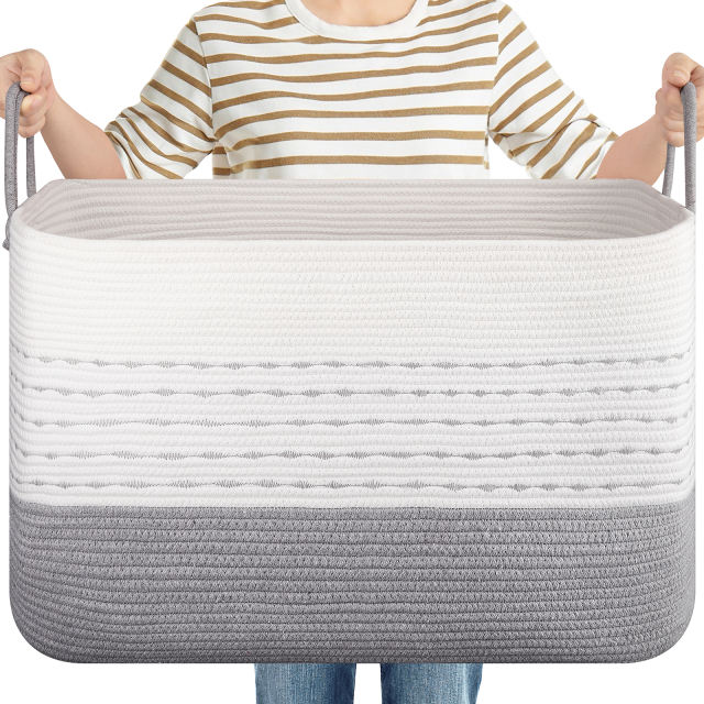 CHERISHGARD Large Woven Storage Basket, 24.80*15.75*15.75, Rectangle Cotton Rope Basket, 100L Capacity for Blankets, Toys, Clothes Organizing with Handles
