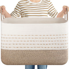 CHERISHGARD Large Woven Storage Basket, 24.80*15.75*15.75, Rectangle Cotton Rope Basket, 100L Capacity for Blankets, Toys, Clothes Organizing with Handles