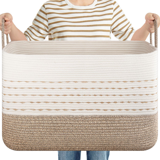 CHERISHGARD Large Woven Storage Basket, 24.80*15.75*15.75, Rectangle Cotton Rope Basket, 100L Capacity for Blankets, Toys, Clothes Organizing with Handles
