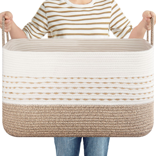 CHERISHGARD Large Woven Storage Basket, 21.65”x16.93”x11.81” Rectangle Cotton Rope Basket, 70L Capacity for Blankets, Toys, Clothes Organizing with Handles