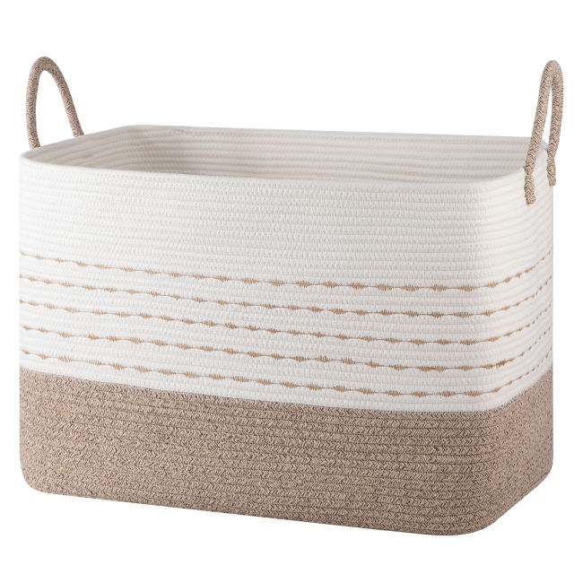 CHERISHGARD Large Woven Storage Basket, 24.80*15.75*15.75, Rectangle Cotton Rope Basket, 100L Capacity for Blankets, Toys, Clothes Organizing with Handles