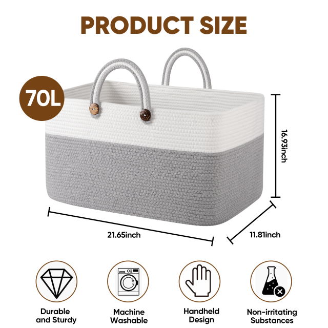CHERISHGARD Blanket Basket 70L Rectangle Rope Baskets for Storage, Cotton Rope Basket for Bedroom Livingroom Washingroom