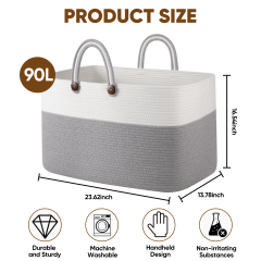 CHERISHGARD Blanket Basket 90L Rectangle Rope Baskets for Storage, Cotton Rope Basket for Bedroom Livingroom Washingroom