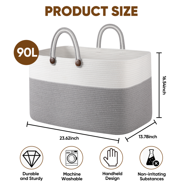 CHERISHGARD Blanket Basket 90L Rectangle Rope Baskets for Storage, Cotton Rope Basket for Bedroom Livingroom Washingroom