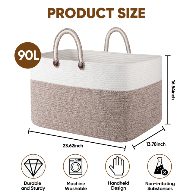 CHERISHGARD Blanket Basket 90L Rectangle Rope Baskets for Storage, Cotton Rope Basket for Bedroom Livingroom Washingroom