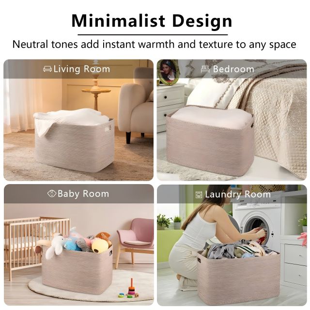 CHERISHGARD 90L Large Laundry Basket, Rectangle Cotton Rope Storage Baskets, Cotton Rope Basket with Handles