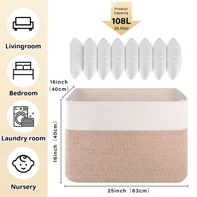 CHERISHGARD 100L Large Rectangle Blanket Basket，Cotton Rope Baskets for Storage, Woven Laundry Basket for Toys
