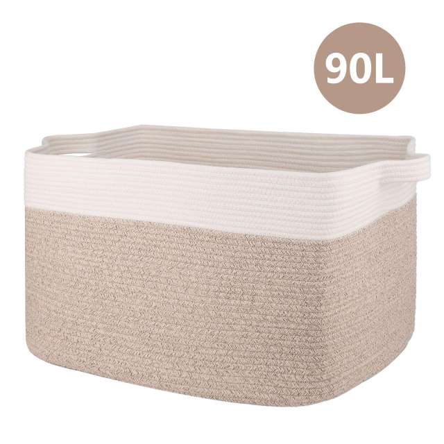 CHERISHGARD 90L Blanket Basket 23.6"*13.5"*13.8"，Rectangle Rope Baskets for Storage，Cotton Rope Basket for Bedroom