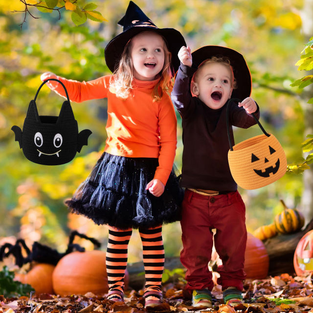 CHERISHGARD Set of 2 4L Halloween Cute Cotton Rope Baskets for Kids ,5.9 in*5.9 in*5.9 in ,Halloween Party Baskets for Candy,Toys
