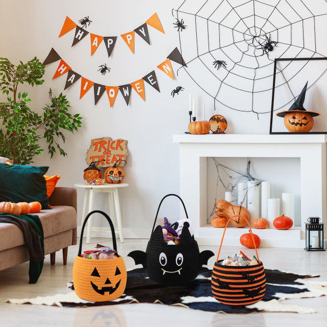 CHERISHGARD Set of 2 4L Halloween Cute Cotton Rope Baskets for Kids ,5.9 in*5.9 in*5.9 in ,Halloween Party Baskets for Candy,Toys