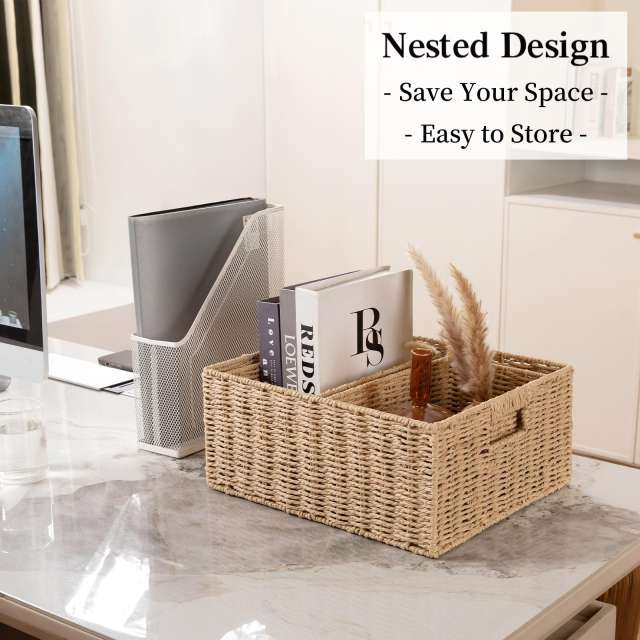 CHERISHGARD 3-Piece 18L Nested Solid Woven Storage Baskets,Elevate Home Organization for Clothes, Toys, Toiletries in Bedroom, Bathroom & Kitchen,14.6*12.2*6.3 inch