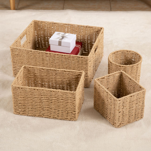 CHERISHGARD 18L Nested Set of 4 Handwoven Synthetic Rattan-like Storage Basket for Clothes, Toys in Bathroom, Bedroom,Nursery,14.5*12.2*6.3 inch