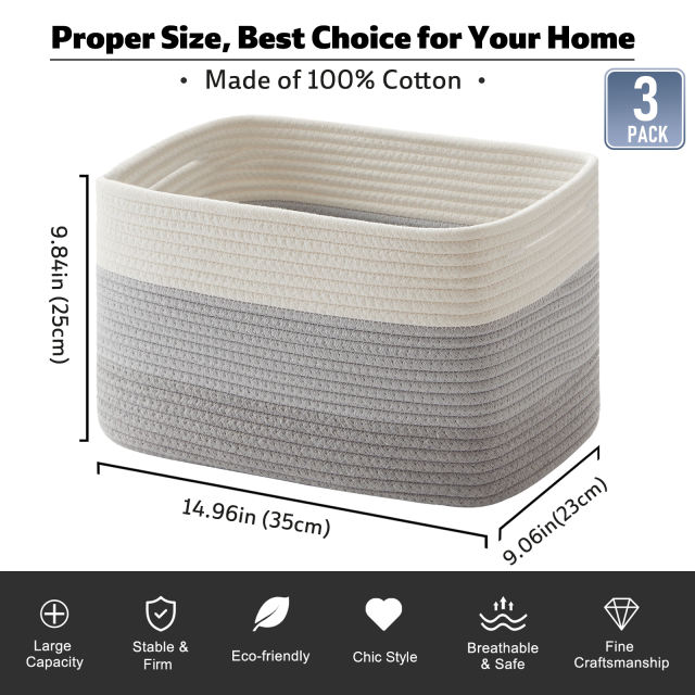 Cherishgard Storage Basket, 3 Pieces Cotton Laundry Basket, Woven Baskets for Storage for toys,Towel
