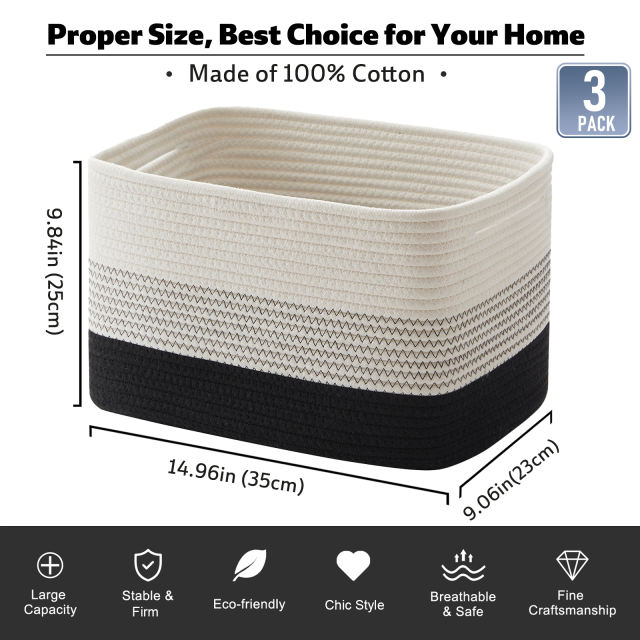 Cherishgard Storage Basket, 3 Pieces Cotton Laundry Basket, Woven Baskets for Storage for toys,Towel