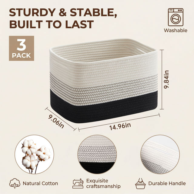 HLAOLA Woven Storage Baskets 3 Packs, 22L Cotton Rope Baskets for Storage, Toys, Towels,Perfect for Living Room & Nursery