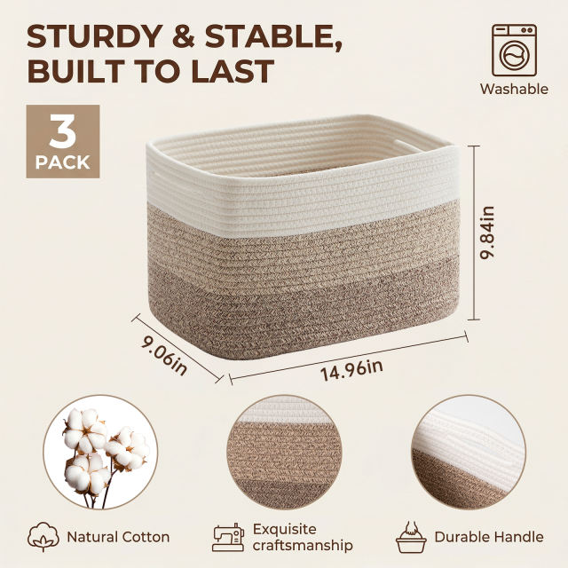 HLAOLA Woven Storage Baskets 3 Packs, 22L Cotton Rope Baskets for Storage, Toys, Towels,Perfect for Living Room & Nursery