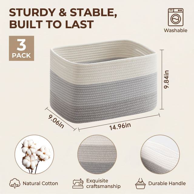 HLAOLA Woven Storage Baskets 3 Packs, 22L Cotton Rope Baskets for Storage, Toys, Towels,Perfect for Living Room & Nursery