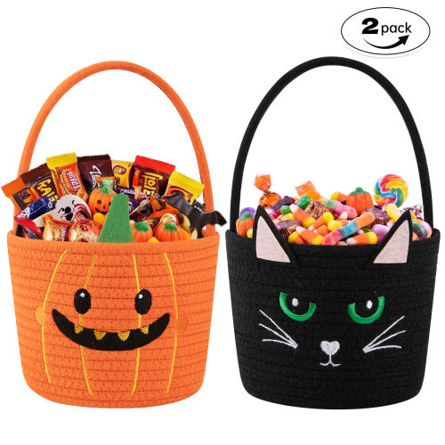HLAOLA 2 Pack 4L Halloween Cotton Rope Storage Basket, Funny Halloween Pattern Candy Bucket, Decorative Storage Basket for Holiday Decor