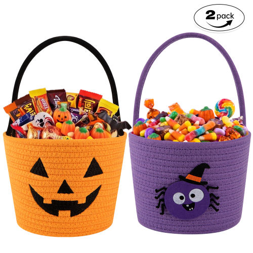 HLAOLA 2 Pack 4L Halloween Cotton Rope Storage Basket, Funny Halloween Pattern Candy Bucket, Decorative Storage Basket for Holiday Decor