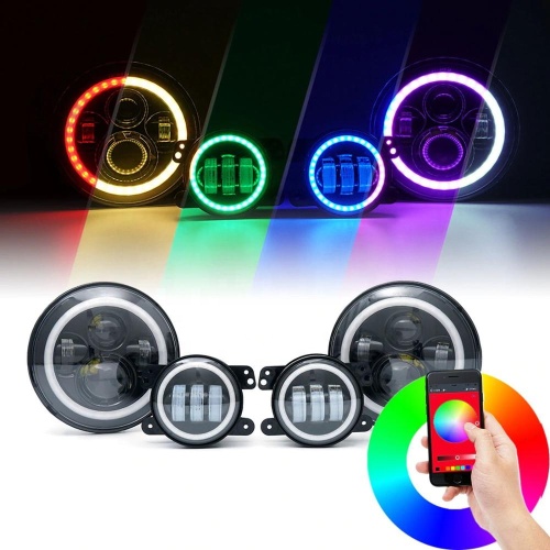 7" rgb jeep headlight and fog lamps kit for 2007-2016 Jeep Wrangler jk/jk unlimited bluetooth app control rgb led headlight conversion kit