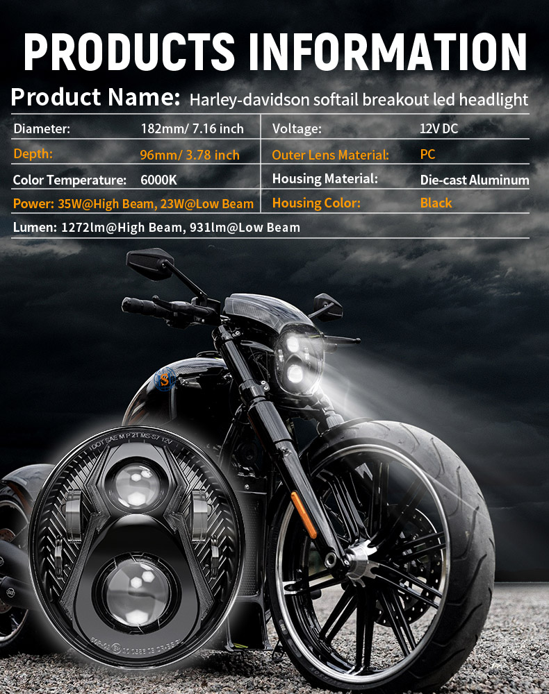 Harley Davidson Breakout Led priekšējo lukturu specifikācija