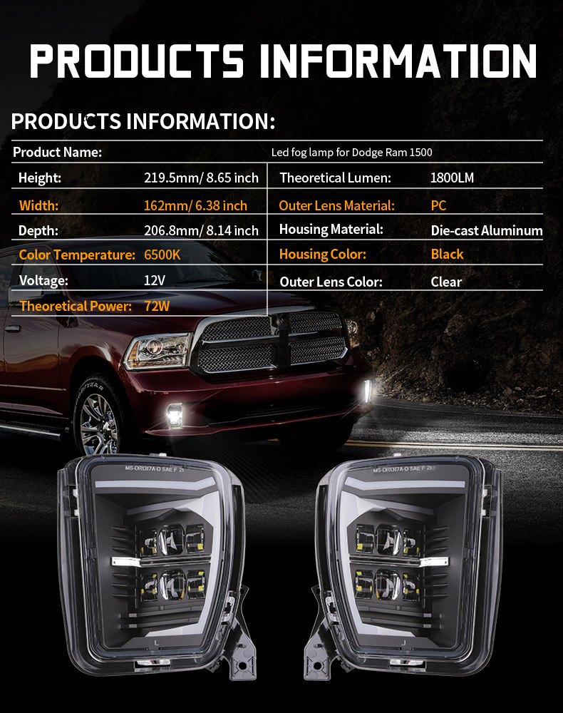 2013-2017 Dodge Ram 1500 Spécification de l'ensemble de phares antibrouillard