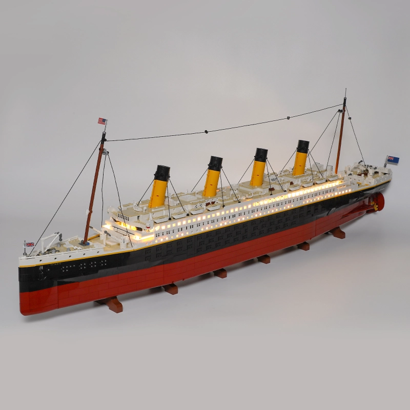 Titanic with lights built from Lego MOC bricks.