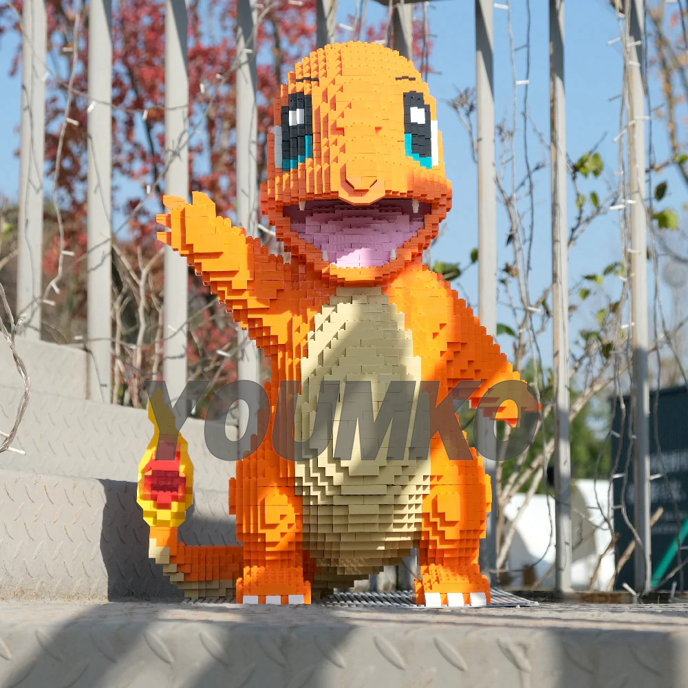 The Charmander building blocks are standing on the stairs greeting you