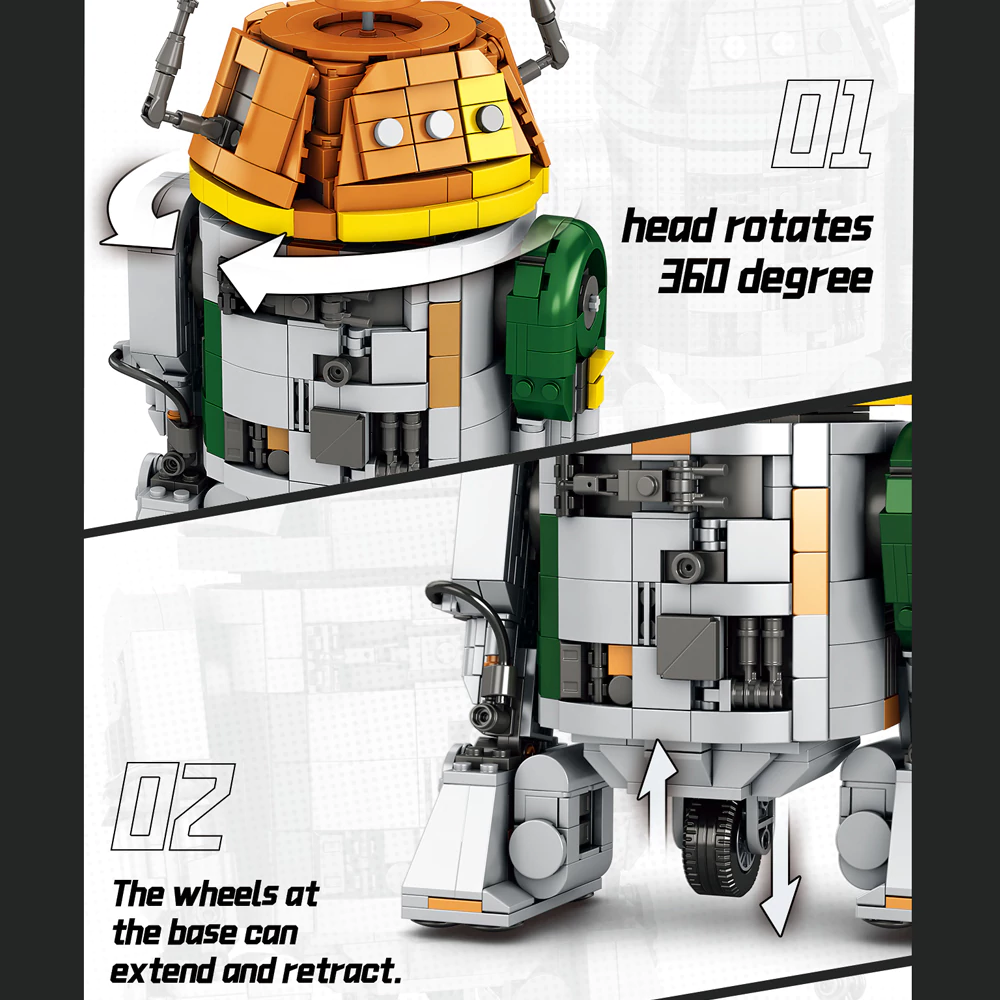 The Star Wars Rebel chopper block can rotate the head and extend the wheels at the bottom.