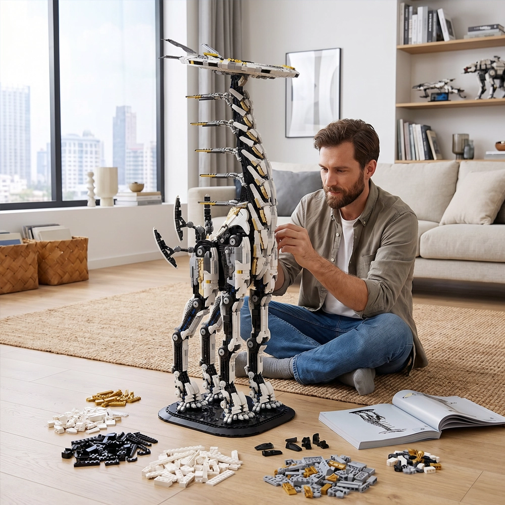 A man is assembling the MG 20015 Horizon Zero Dawn Rover All Seeing.