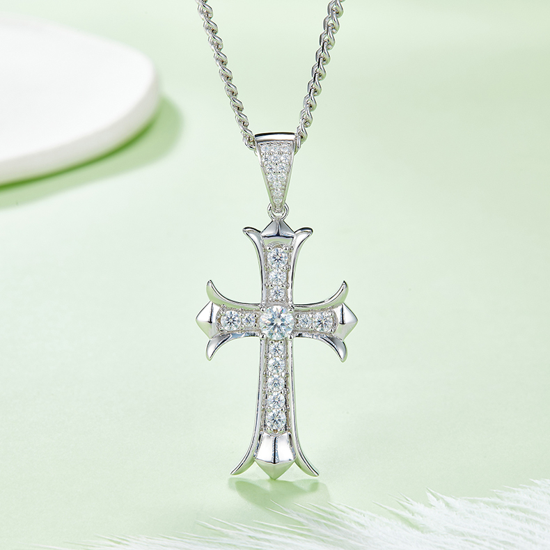 Cross Pendant Pave Moissanite In Sterling Silver