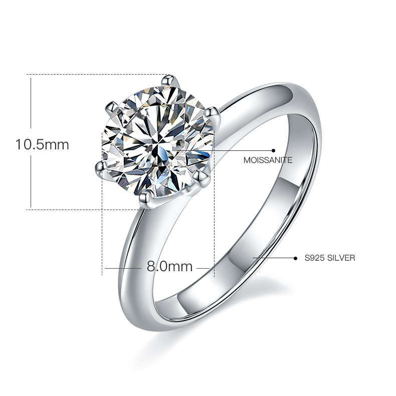 2CT 6 Claws Moissanite Ring In Sterling Silver