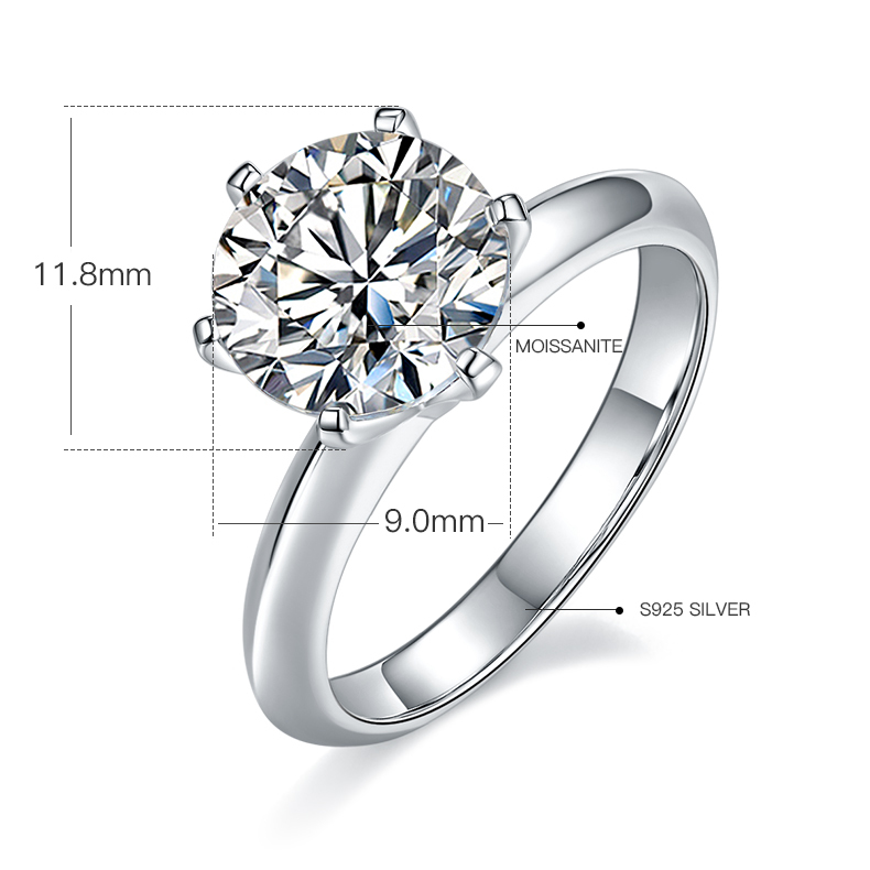 3CT 6 Claws Moissanite Ring In Sterling Silver