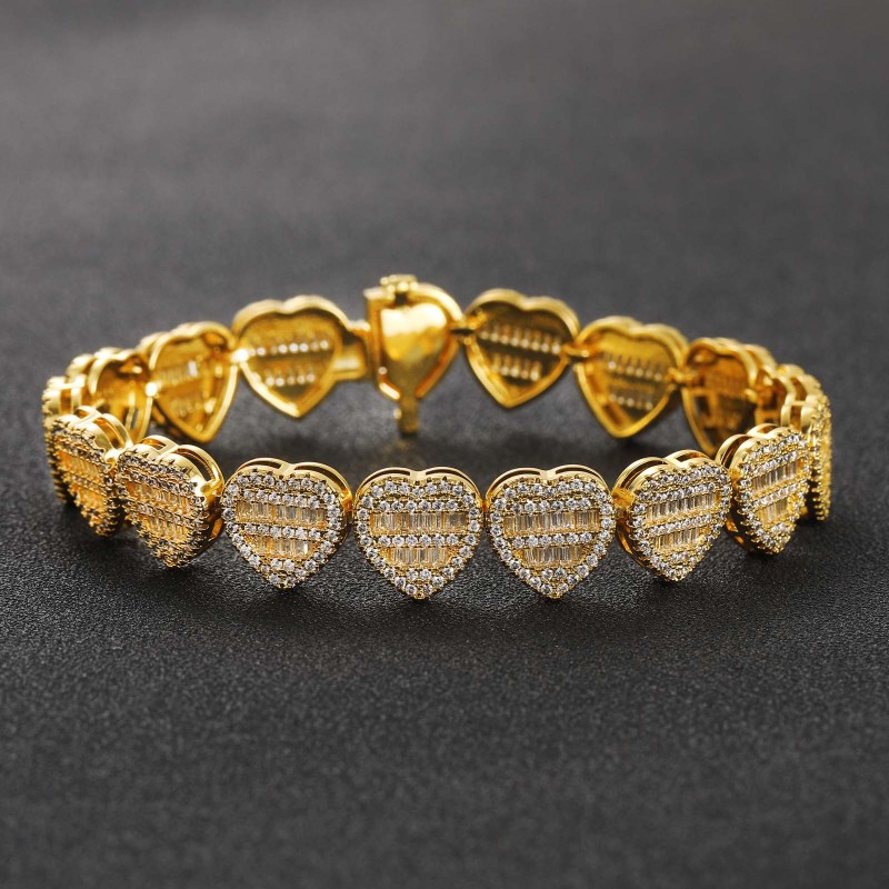 12mm Heart Baguette Diamond Cuban Bracelet/Chain