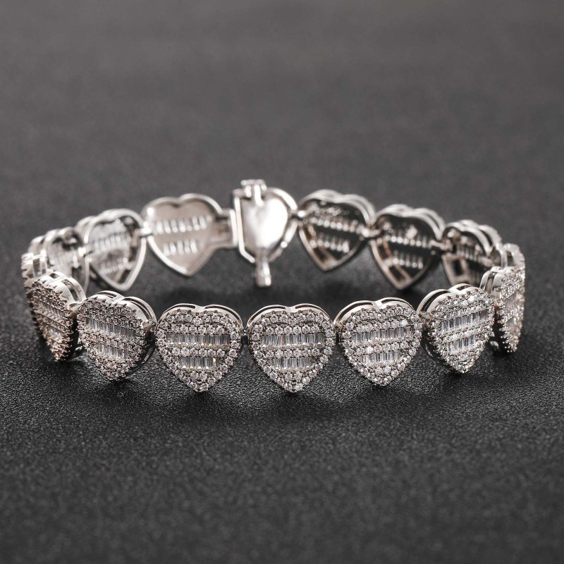 12mm Heart Baguette Diamond Cuban Bracelet/Chain