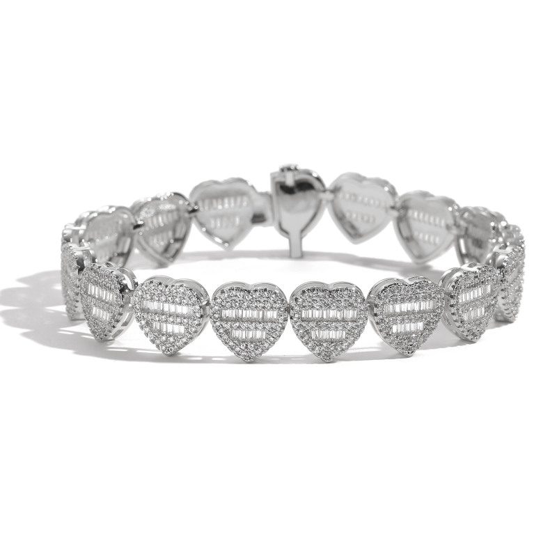 12mm Heart Baguette Diamond Cuban Bracelet/Chain