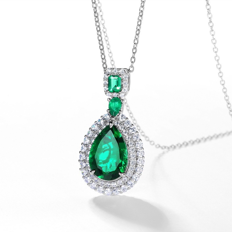 Pear Emerald Necklace In Sterling Silver