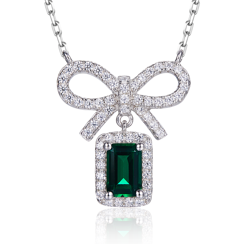Emerald Bow Tie Sterling Silver Necklace