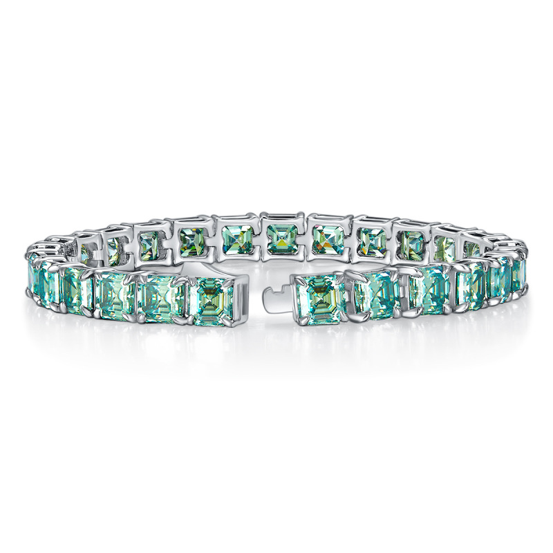 5.5MM VIRIDIAN GREEN PRINCESS CUT MOISSANITE DIAMOND TENNIS BRACELET STERLING SILVER