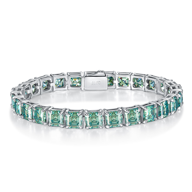 5.5MM VIRIDIAN GREEN PRINCESS CUT MOISSANITE DIAMOND TENNIS BRACELET STERLING SILVER