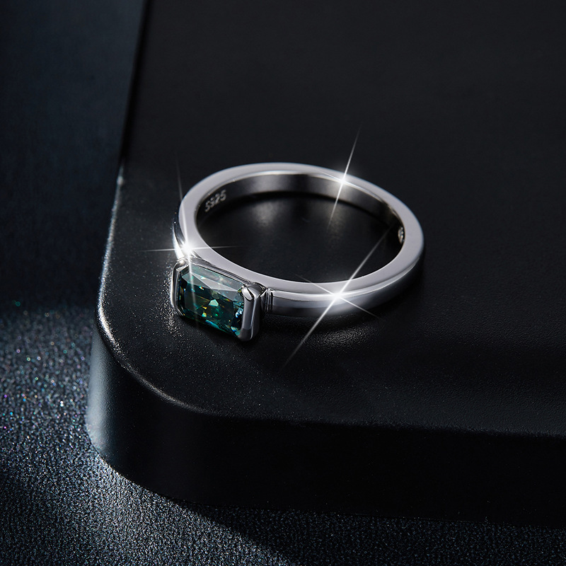 Minimalist Green Radiant Moissanite Diamond Ring in Sterling Silver