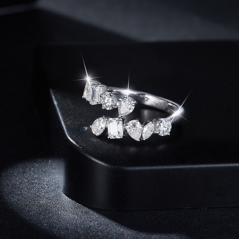 Asymmetric Sterling Silver Moissanite Diamond Wedding Band Ring