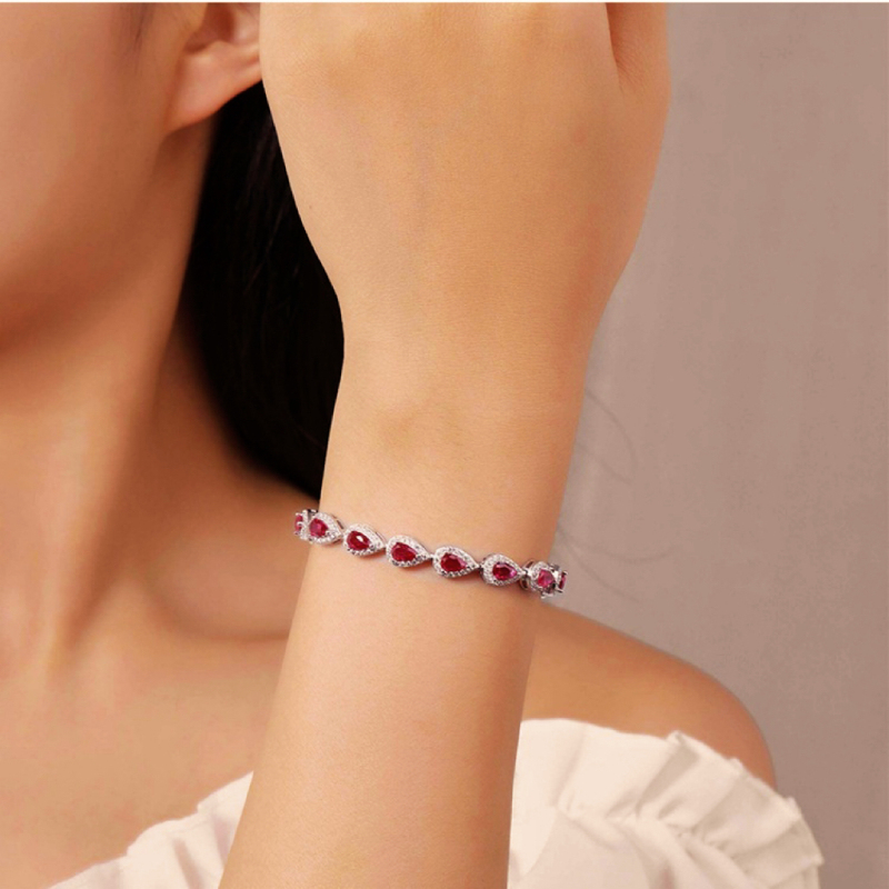 Exquisite Sterling Silver Pear Shape Ruby Bracelet