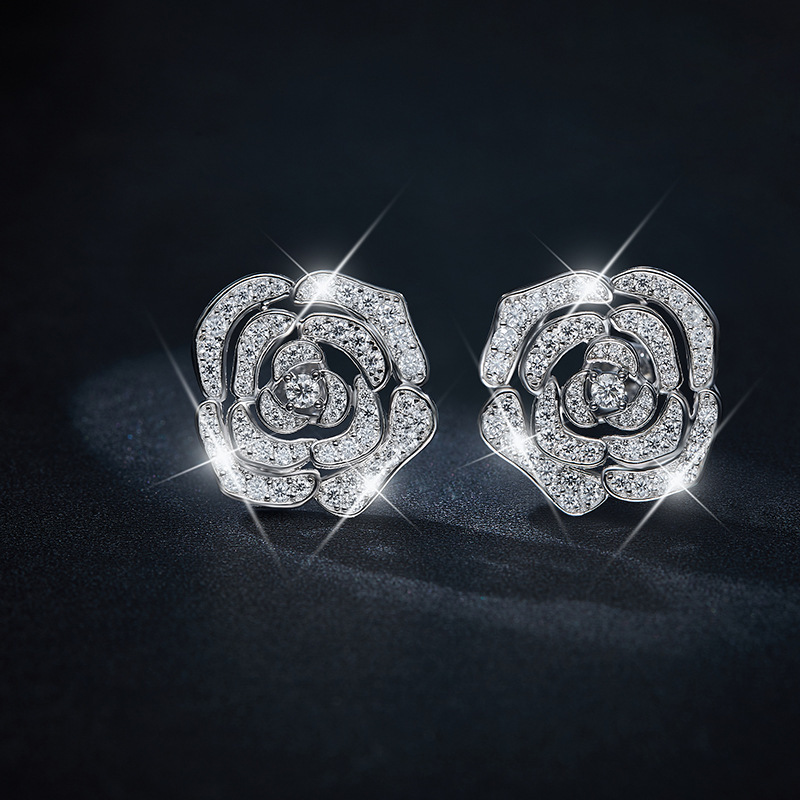 Elegant Camellia Moissanite Diamond Sterling Silver Stud Earrings